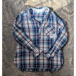 Kohls Sonoma Blouse flannel shirt womens size L Top button up plaid purple navy